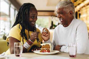 Couple smiling on date in restaurant